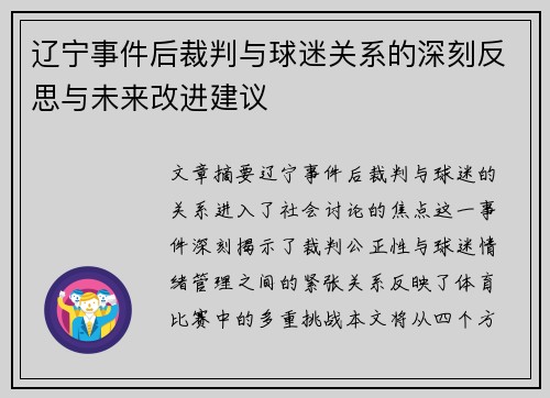 辽宁事件后裁判与球迷关系的深刻反思与未来改进建议